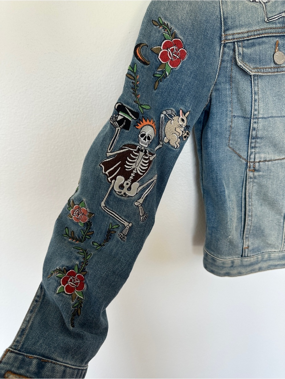 Zadig & Voltaire Light Wash Denim Embroidered Jacket with Animal Floral Skeleton - Picture 2 of 11
